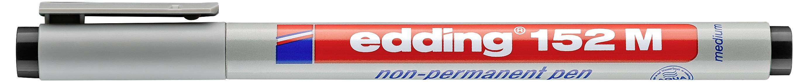 Silber Edding 152 M nicht-permanenter Stift mit rotem Etikett und blauer Kappe, horizontal auf weißem Hintergrund dargestellt.