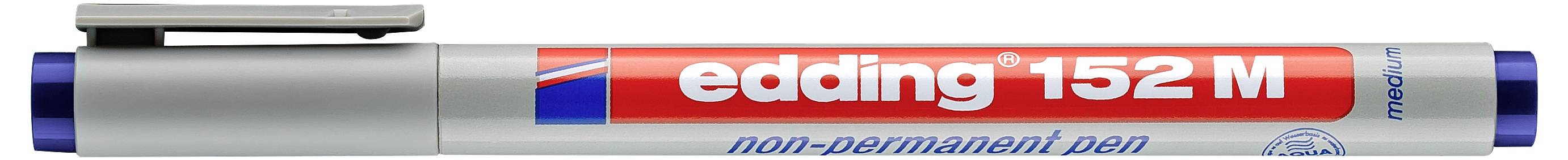Silberner und blauer Edding 152 M Permanentmarker mit rotem Etikett, horizontal dargestellt.