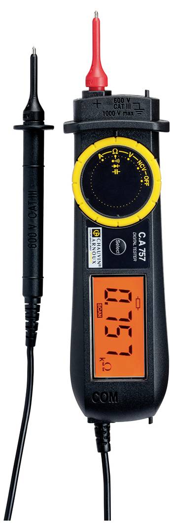 Digitales Multimeter mit orangefarbenem Display zeigt '0.187 KΩ'. Zwei Prüfkabel, ein rotes und ein schwarzes, sind verbunden.