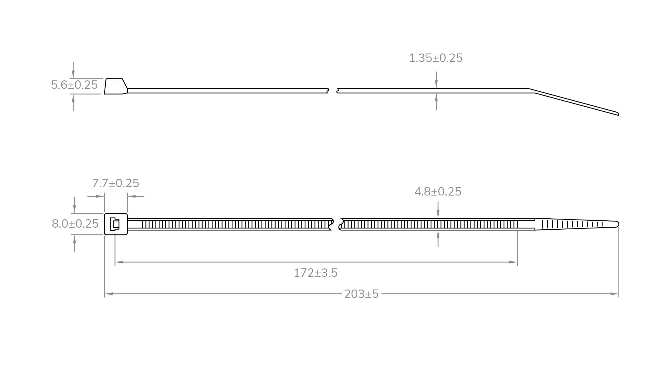 Technische Zeichnung eines Kabelbinders, zeigt Maße: Länge 203,5 mm, Breite 4,8 mm, Kopfbreite 8,0 mm, andere detaillierte Dimensionen.