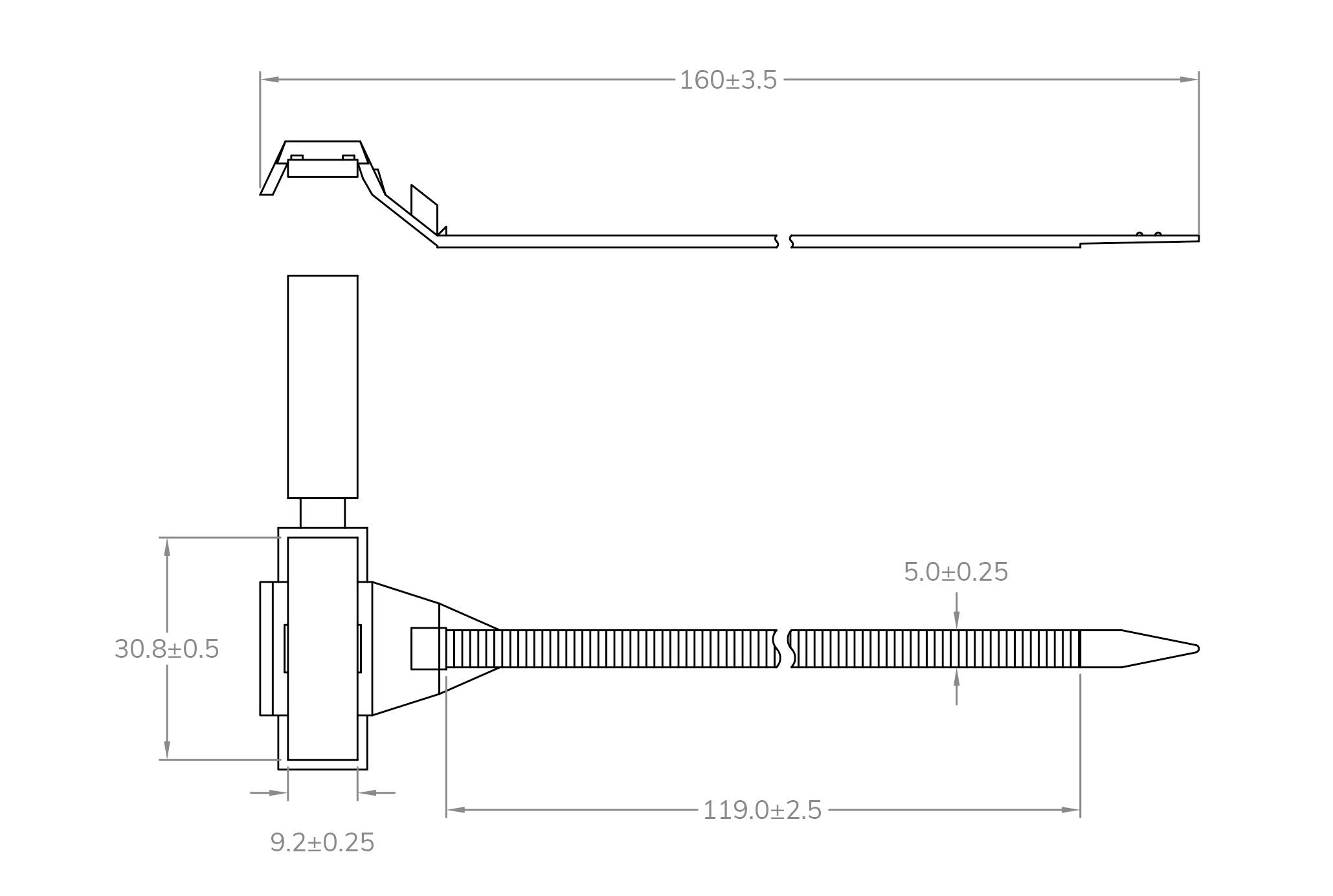 Das Bild zeigt eine technische Zeichnung eines Kabelbinders. Oben ist die Seitenansicht, unten die Draufsicht mit detaillierten Maßen.
