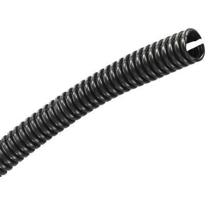 Schwarzer, flexibler Kabelschutzschlauch mit spiralförmiger Struktur, geeignet für den Schutz von Kabeln in Elektroinstallationen.
