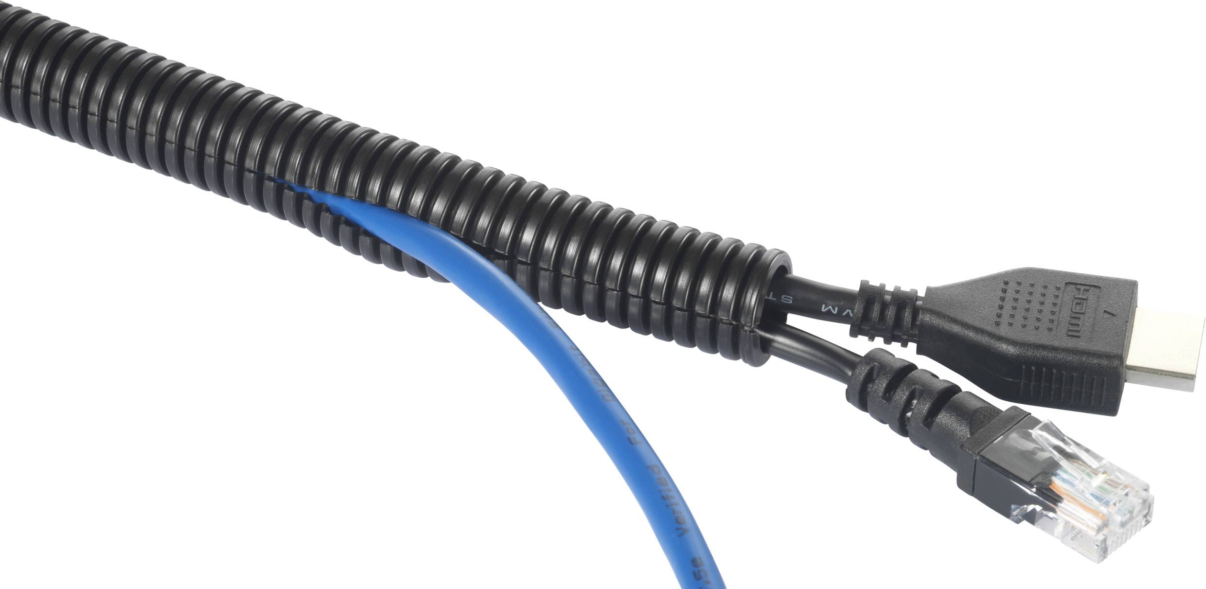 Zwei Kabel: ein schwarzes HDMI-Kabel mit USB-Anschluss und ein blaues Netzwerkkabel, beide nebeneinander liegend.