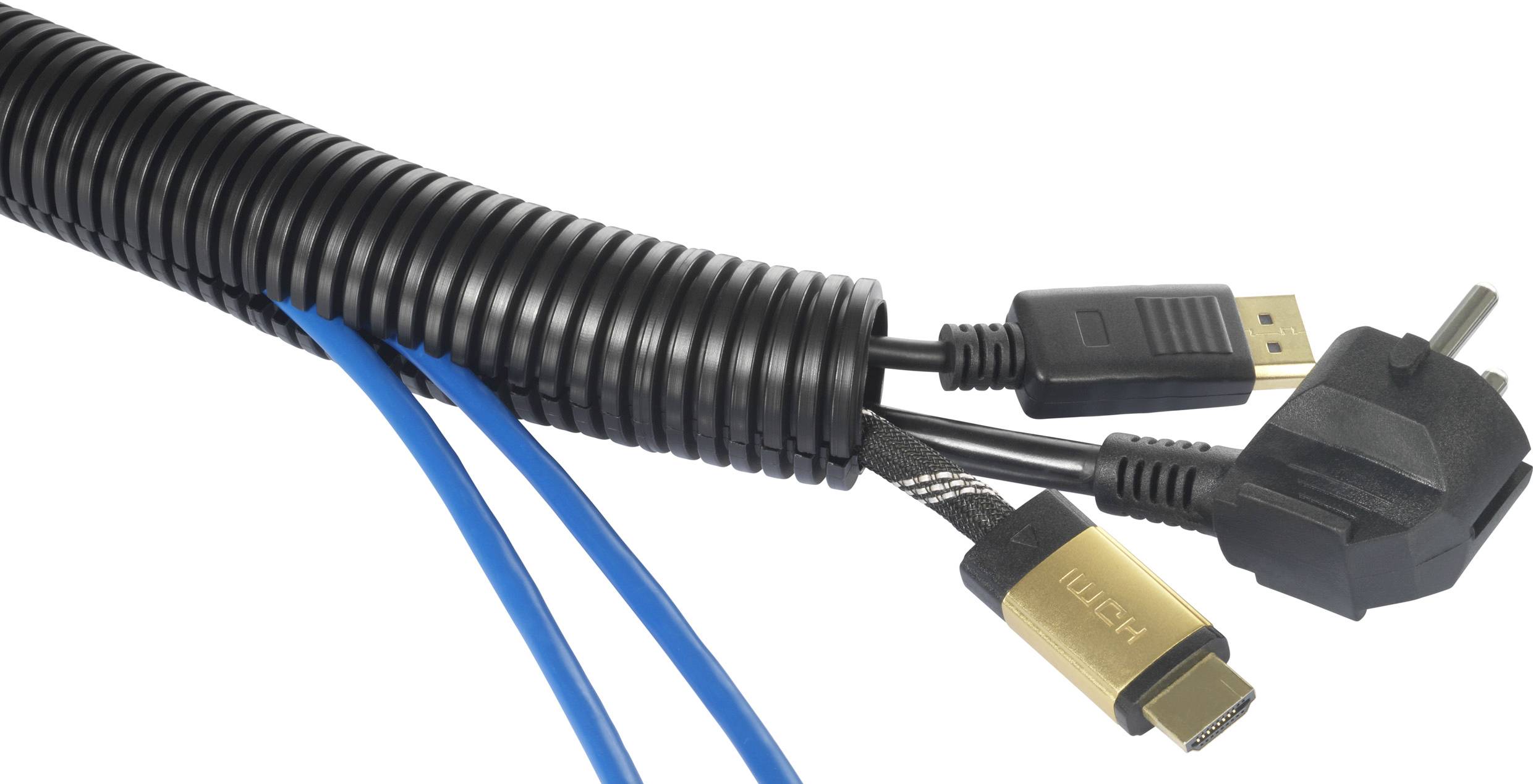 Schwarzes Spiralkabelbündel mit mehreren Kabeln: USB, HDMI und Netzkabel. Die blauen Kabel könnten Netzwerkkabel sein.