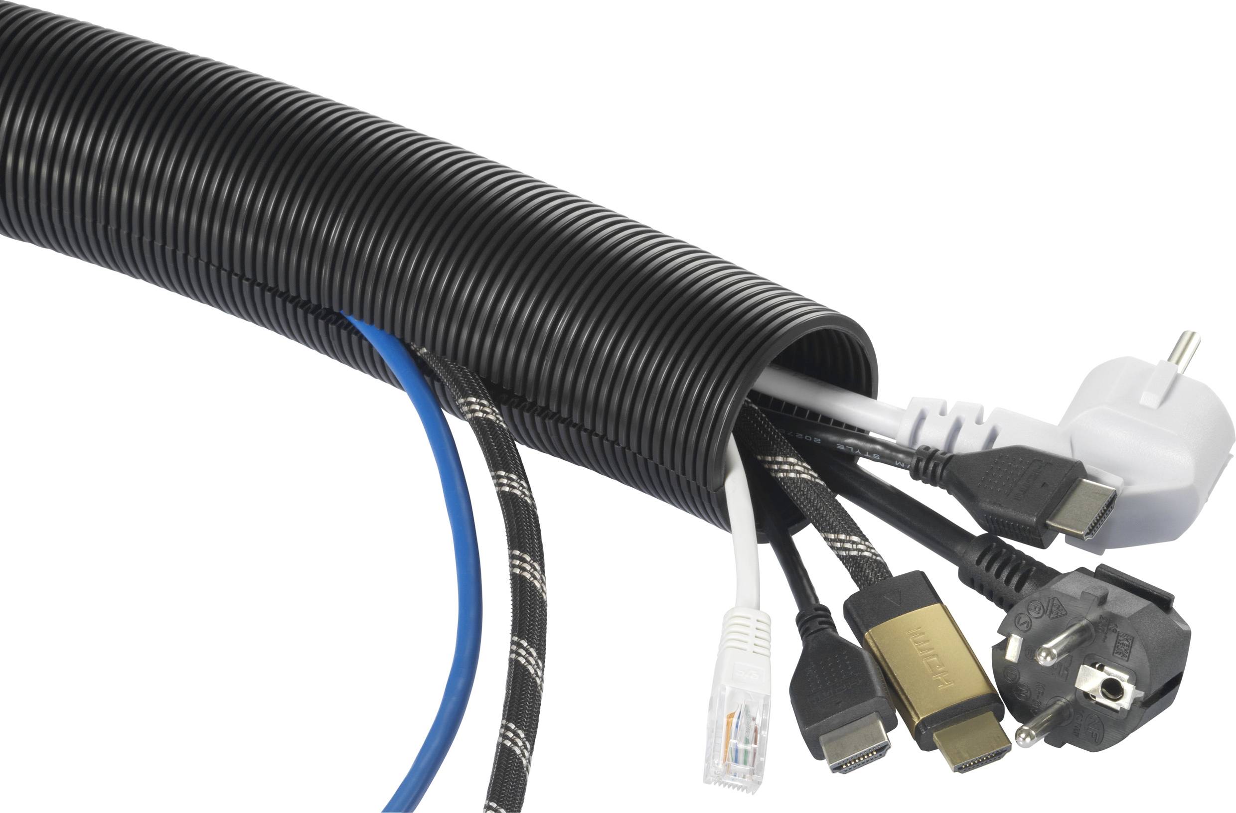 Ein schwarzer Kabelschlauch enthält verschiedene Kabel, darunter ein HDMI-Kabel, ein Ethernet-Kabel und ein Stromkabel mit Stecker.