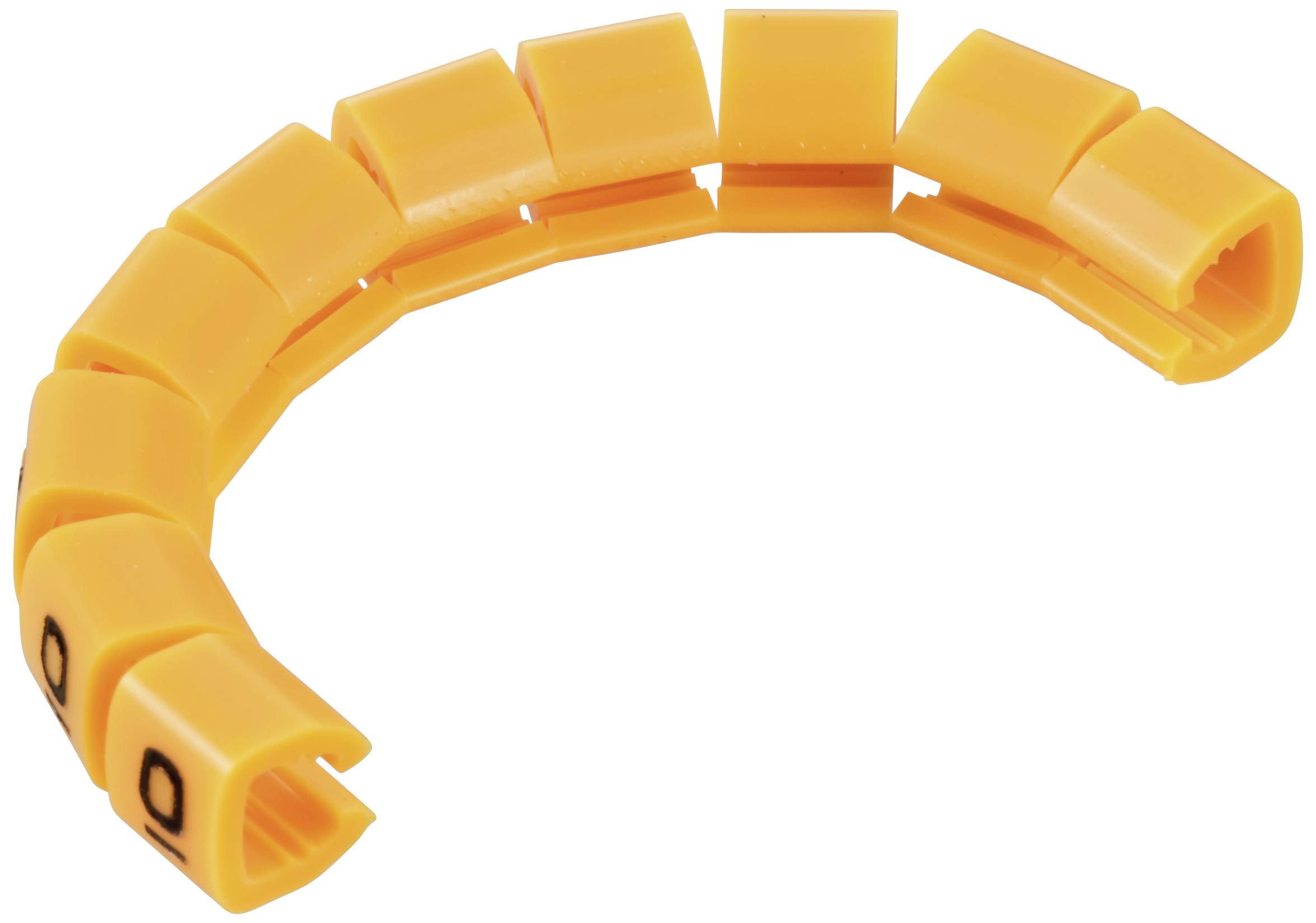 Orange Kabelmarkierer in gebogener Form, bestehend aus mehreren Einzelteilen mit Buchstaben oder Zahlen zur Organisation von Kabeln.