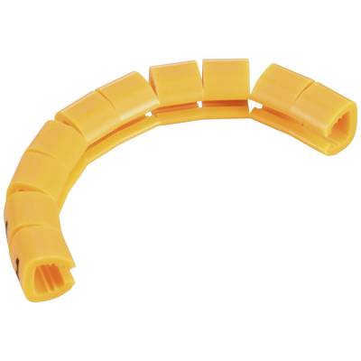 Ein orangefarbenes, flexibles Kabelschutzsystem aus Kunststoff mit mehreren segmentierten Teilen in einer teilweise gebogenen Form.