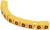 Gelbe Kabelmarkierer in Form von Buchstaben 'D', aufgereiht in einer leichten Kurve. Sie sind aus Kunststoff und dienen zur Kennzeichnung.