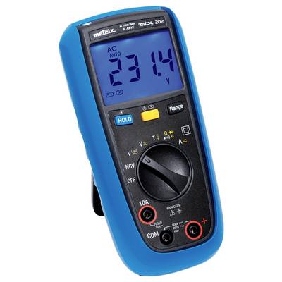 Digitales Multimeter mit blauem Gehäuse zeigt '23,14 V' an. Schalter und Tasten zur Anpassung der Messbereiche sind sichtbar.