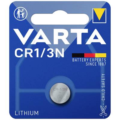 Blisterverpackung mit Varta-Lithiumbatterie CR1/3N. Die Verpackung ist blau mit weißem Markenlogo und dem Text 'Battery Experts Since 1887'.