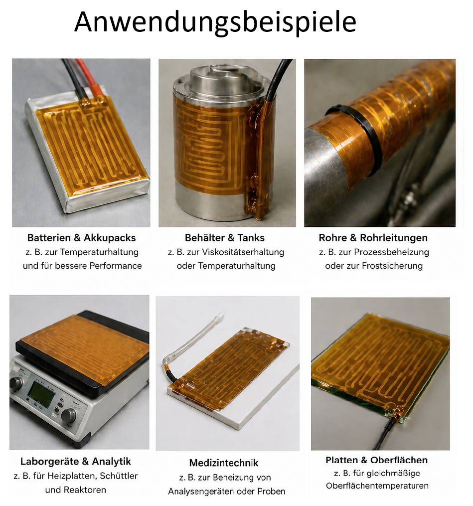 Anwendungsbeispiele für flexible Heizfolien: Batterien, Behälter, Rohre, Laborg­eräte, Medizintechnik sowie Platten und Oberflächen.