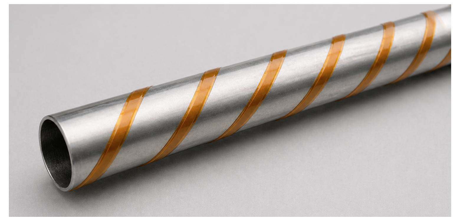 Metallrohr mit orangefarbenen Spiralstreifen auf grauem Hintergrund, in Nahaufnahme diagonal dargestellt.