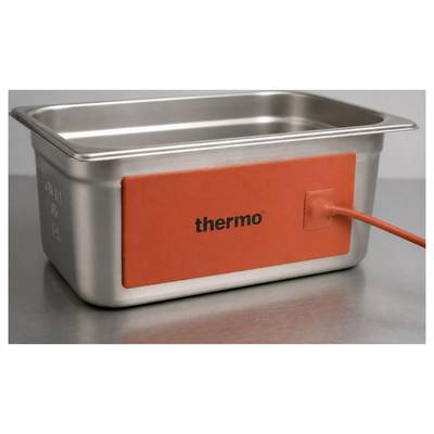 Isolierter Behälter aus Edelstahl mit orangefarbenem "Thermo"-Heizpaneel und angeschlossenem Stromkabel auf einer Metalloberfläche.