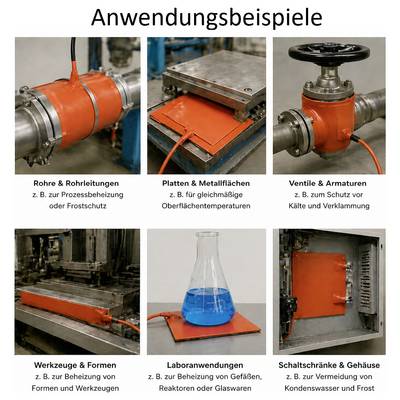 Anwendungsbeispiele: orange Heizmatte an Rohren, Platten, Ventilen, Werkzeugen, im Labor und in Schaltschränken zum Erwärmen oder Schutz vor Kälte.