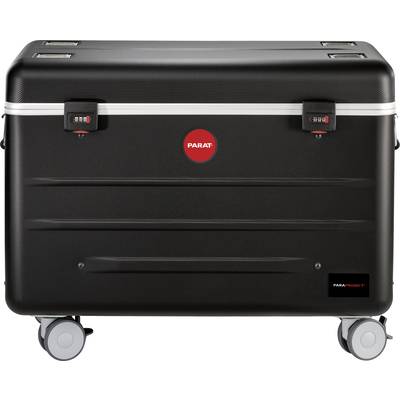 Ein schwarzer Transportkoffer mit Rollen und Zahlenschlössern, geeignet für sicheren Transport von Ausrüstung und Werkzeugen.