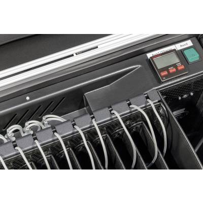 Ein elektronisches Gerät mit mehreren Kabelanschlüssen. Anzeige zeigt 'Aux 1 Charged' und 'Aux 2'. Grüne und rote Knöpfe sichtbar.
