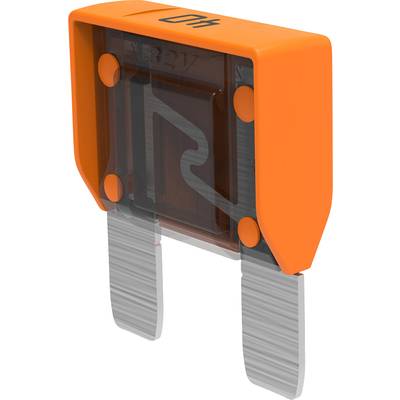 Elektronische Sicherung mit orangefarbenem Gehäuse und zwei Metallkontakten, verwendet im Automobilbereich zur Stromkreisabsicherung.