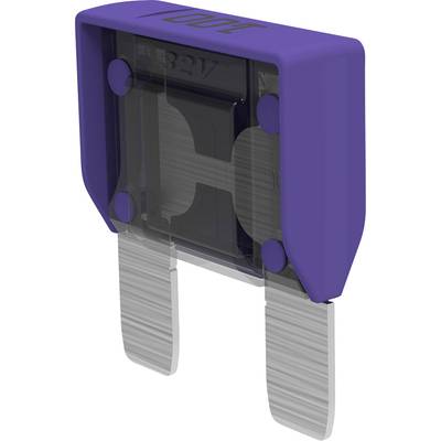Ein violette Flachsicherung mit 32V-Aufdruck, bestehend aus einem transparenten Gehäuse und zwei Metallschienen.