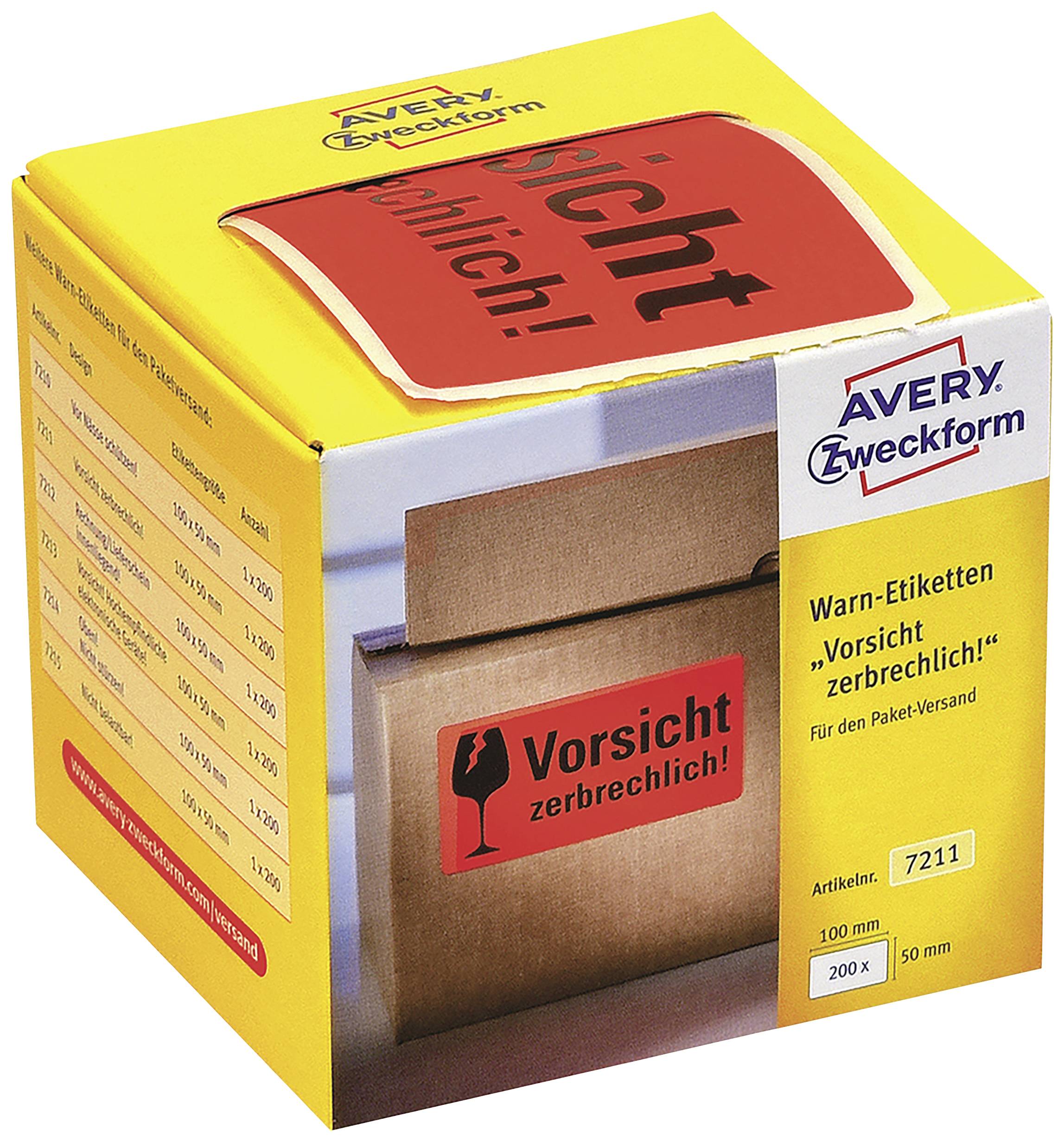Eine gelbe Schachtel mit roten Warnetiketten 'Vorsicht zerbrechlich!' für den Paketversand, 200 Stück, Artikelnummer 7211.