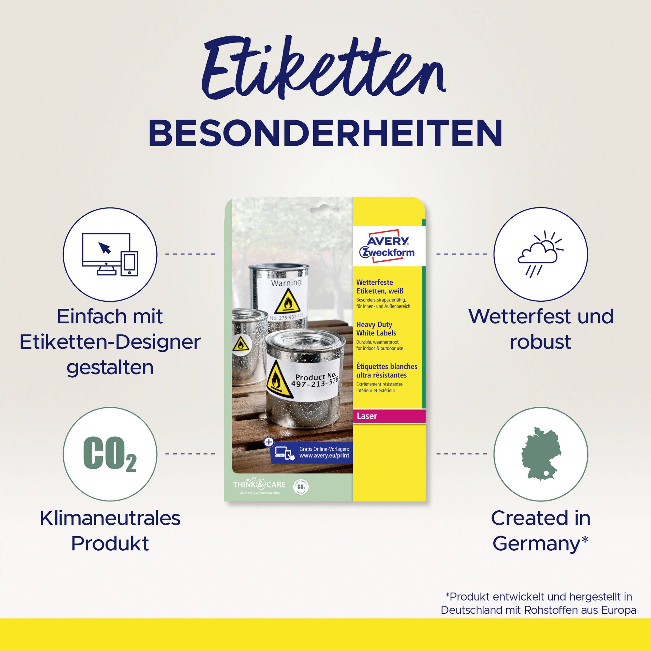 'Etiketten Besonderheiten': Wasserfest, klimaneutral, in Deutschland hergestellt. Einfach gestalten, robust und CO2-neutral.
