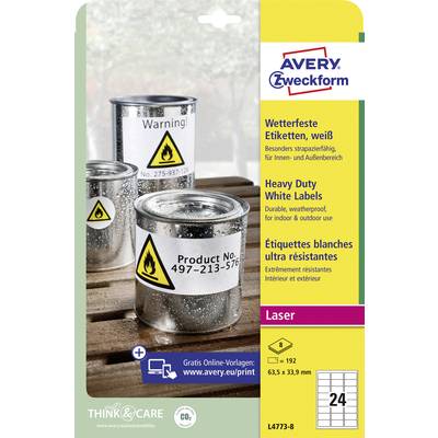 'Drei Dosen mit Warnschildern. Etikettentext: Wetterfeste Etiketten, weiß. Heavy Duty White Labels. Größe: 63,5 x 33,9 mm.'
