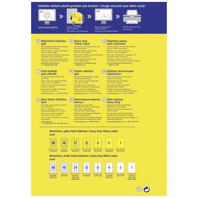 Das Bild zeigt eine Informationsgrafik mit Anweisungen zur Gestaltung und zum Druck von Etiketten. Oben sind Symbole und URLs, unten sind Tabellen mit Etiketteninformationen in mehreren Sprachen.