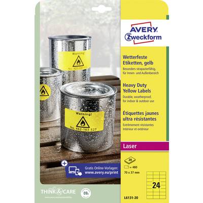 'Drei silberne Dosen mit gelben Warnaufklebern, die vor Gefahr warnen. Textinformationen über wetterfeste gelbe Etiketten von Avery.'