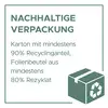'Nachhaltige Verpackung' mit Recycling-Karton (mind. 90%) und Folienbeutel (mind. 80% Rezyklat) dargestellt mit Recycling-Symbol.