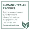 'Klimaneutrales Produkt. Treibhausgasemissionen durch zertifizierte Klimaschutzprojekte ausgeglichen und bescheinigt von fokus-zukunft.com.' Text mit Blatt-Symbol.