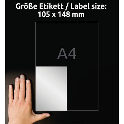 Eine Hand vergleicht die Größe eines Etiketts (105 x 148 mm) auf einem A4-Blatt.