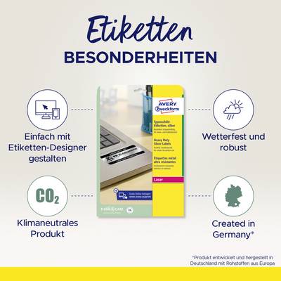 Ein Werbebild für Etiketten, das klimaneutrale Produkte, Wetterfestigkeit und robuste sowie in Deutschland hergestellte Qualität hervorhebt.