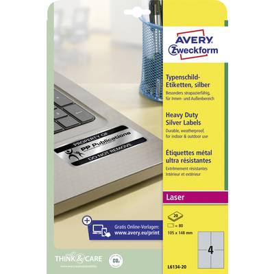 'Etikettenbogen von Avery Zweckform für strapazierfähige silberne Typenschilder, geeignet für Innen- und Außenanwendungen, Laserformat.'