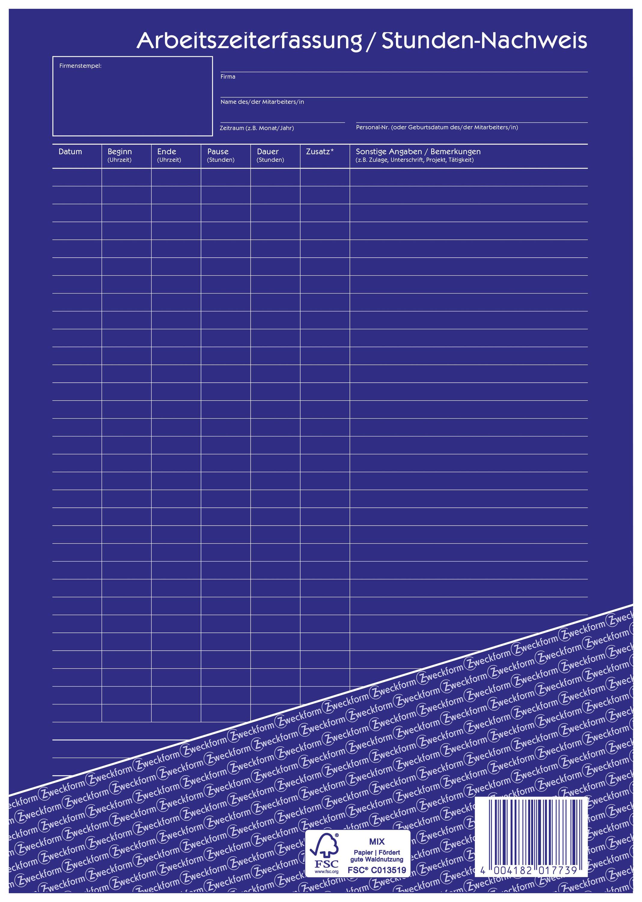 Ein Formular für Arbeitszeiterfassung mit Spalten für Datum, Beginn, Ende, Pause, Ort, Dauer und Unterschrift auf blauem Hintergrund.