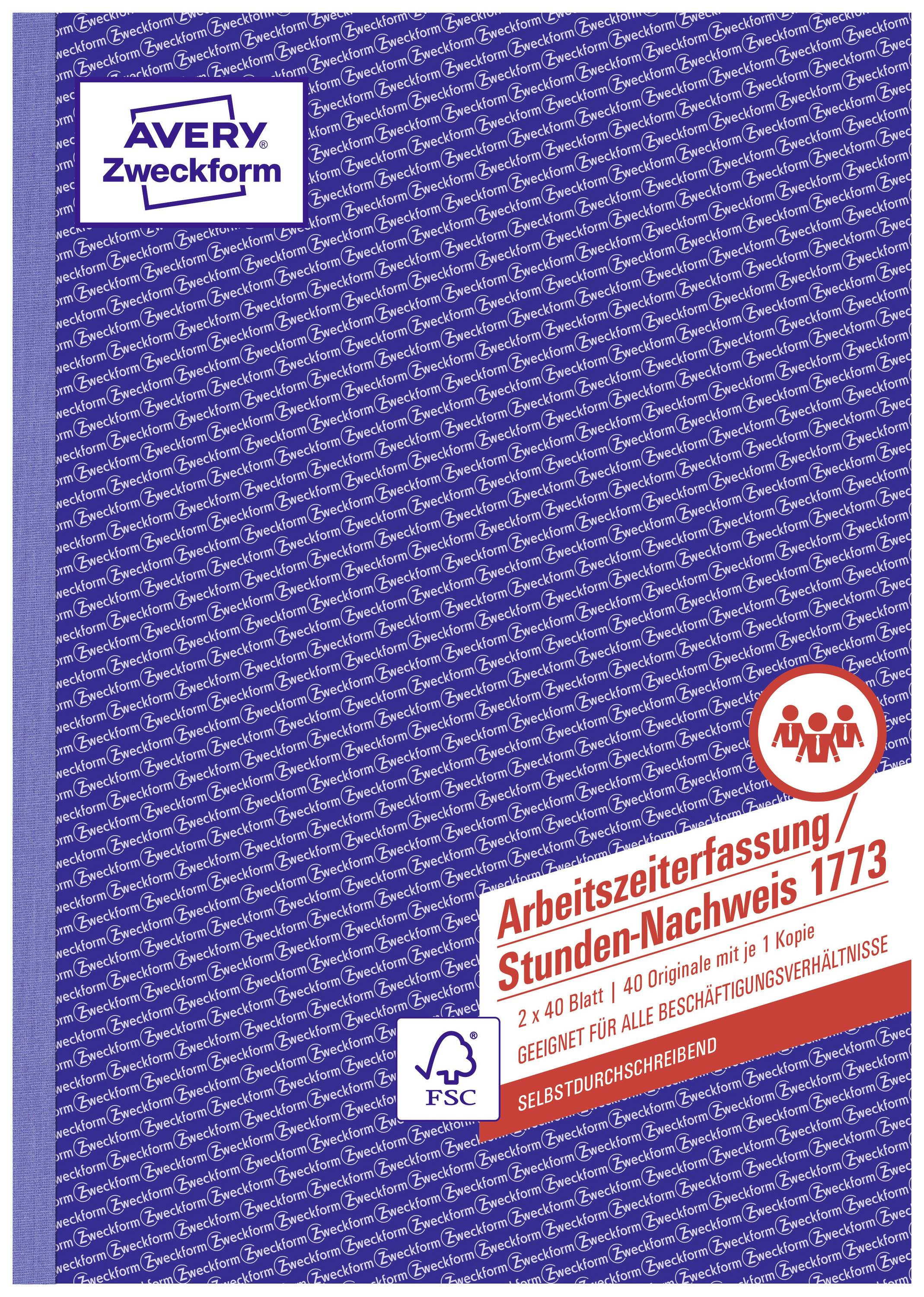 Umschlag eines Avery Zweckform Arbeitszeitnachweis-Heftes, Modell 1773. Enthält 2x40 Blätter für die Arbeitszeiterfassung. Selbstdurchschreibend. Geeignet für alle Beschäftigungsverhältnisse.