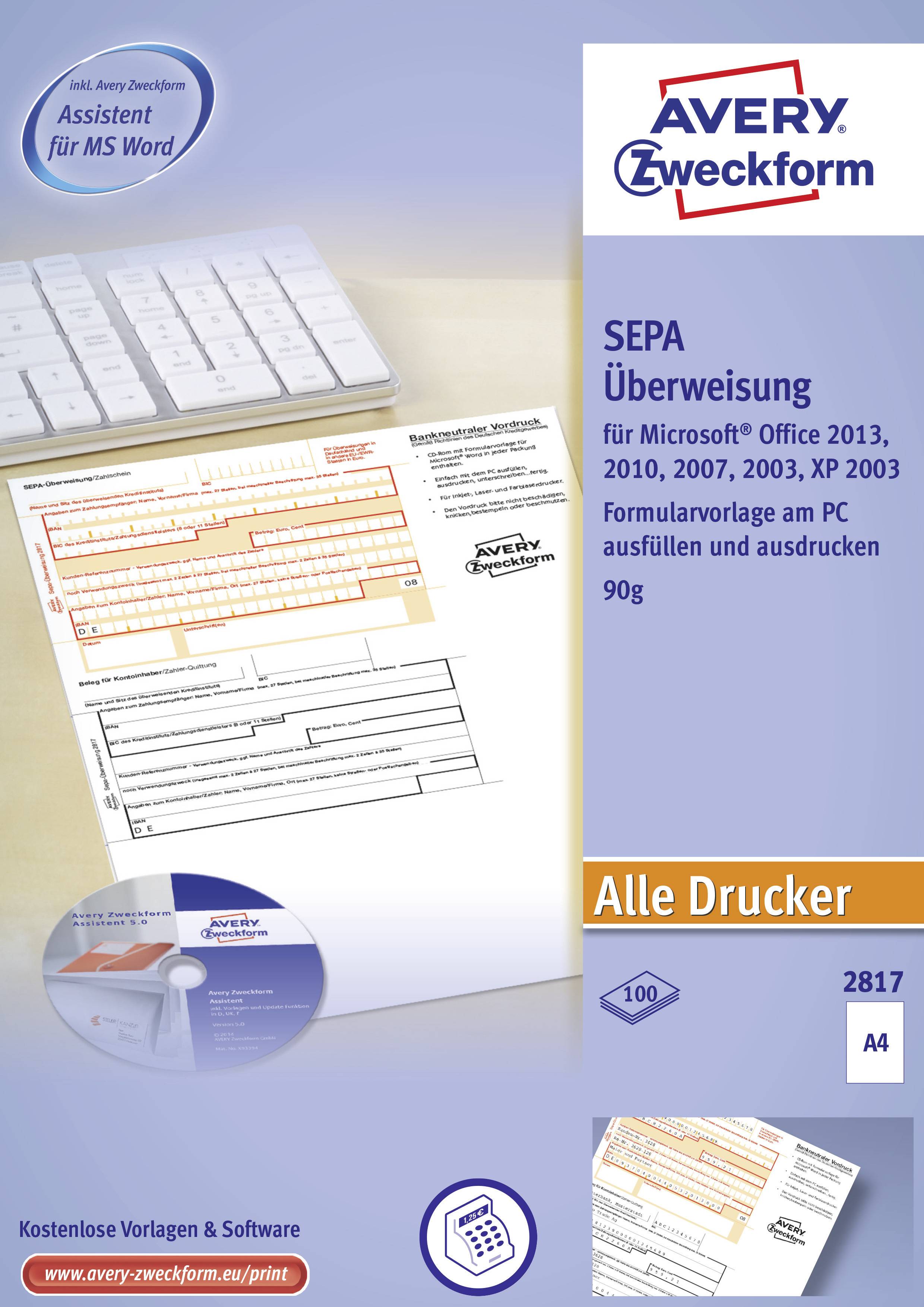 SEPA-Überweisungsformular von Avery Zweckform, geeignet für Microsoft Office. Enthält 100 Blatt, Format A4, für alle Drucker.