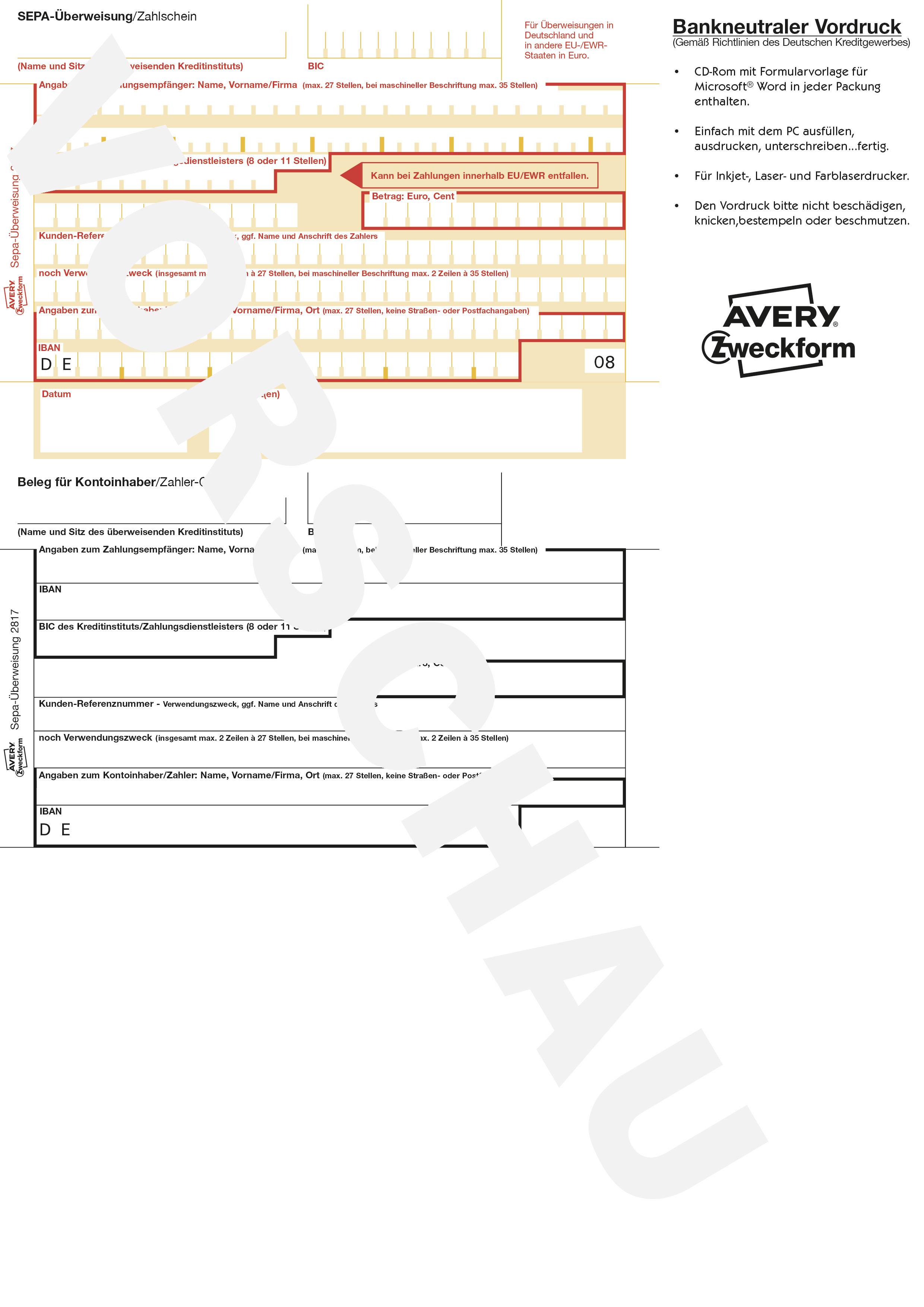 Ein SEPA-Überweisungsformular mit Feldern für Empfänger, IBAN, BIC und Betrag. Oben rechts Hinweise zur Ausfüllung.