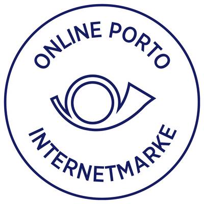 Rundes Logo mit der Aufschrift 'ONLINE PORTO' und 'INTERNETMARKE', in der Mitte ein stilisiertes Posthorn/Briefsymbol.<br>