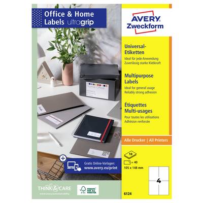 Avery Zweckform 'Office & Home Labels ultragrip' Produktpackung mit universellen, vielseitigen Etiketten für alle Drucker, mit Etikettengröße 105 x 148 mm und 40 Etiketten.