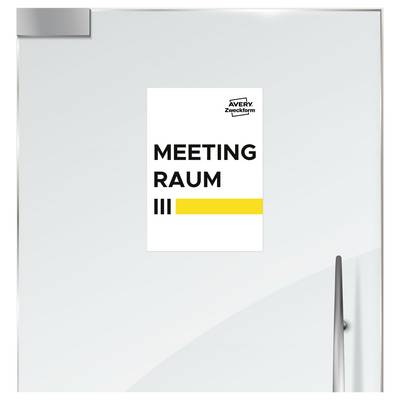 Türschild mit der Aufschrift 'MEETING RAUM' und Avery Zweckform-Logo, als Kennzeichnung eines Besprechungsraums.