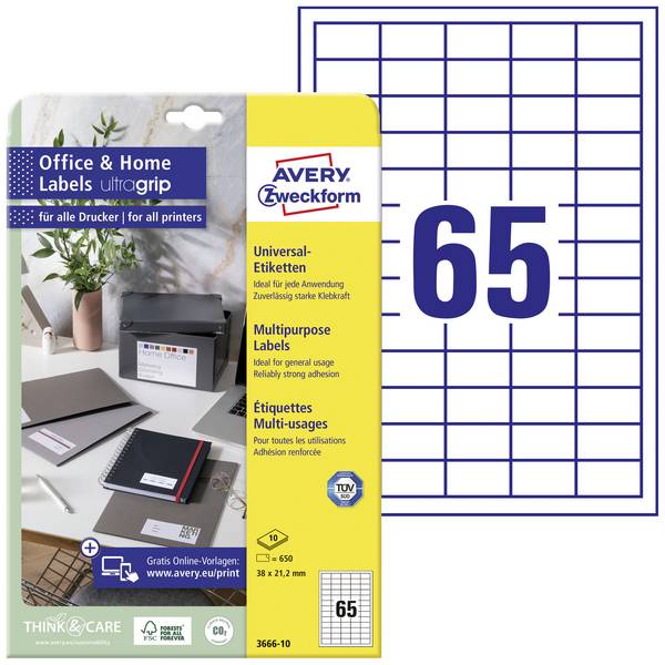 Avery-Zweckform 3666-10 Universal-Etiketten 38 x 21.2 mm Papier Weiß 650 St. Permanent haftend Tintenstrahldrucker, Laserdrucker, Farblaserdrucker, Kopierer, Farbkopierer, Handbeschriftung