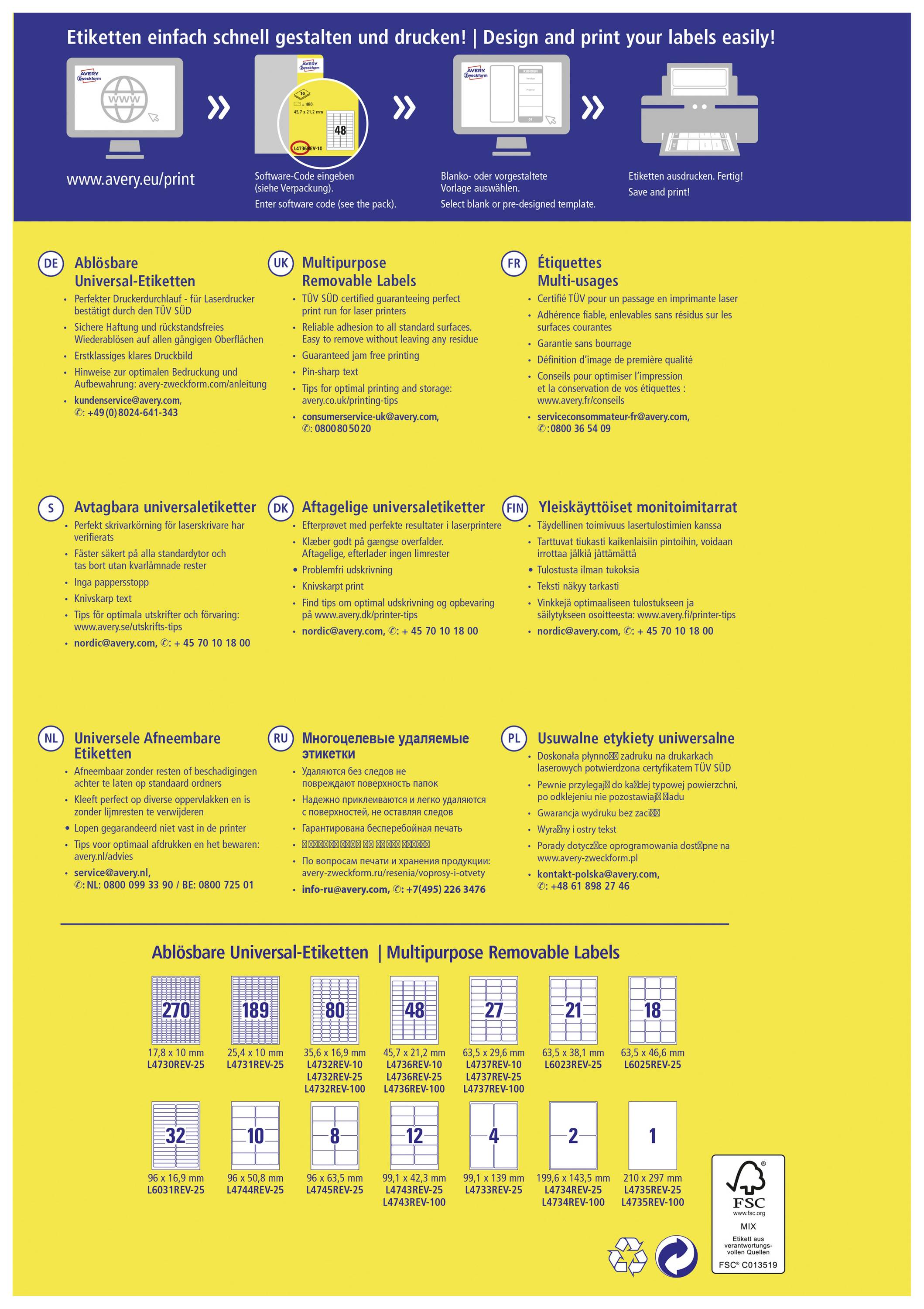 Produktetikett-Werbung mit Anweisungen zum Gestalten und Drucken von Etiketten, inklusive Abbildungen und Herausstellungsmerkmalen. Hauptfarbe gelb.