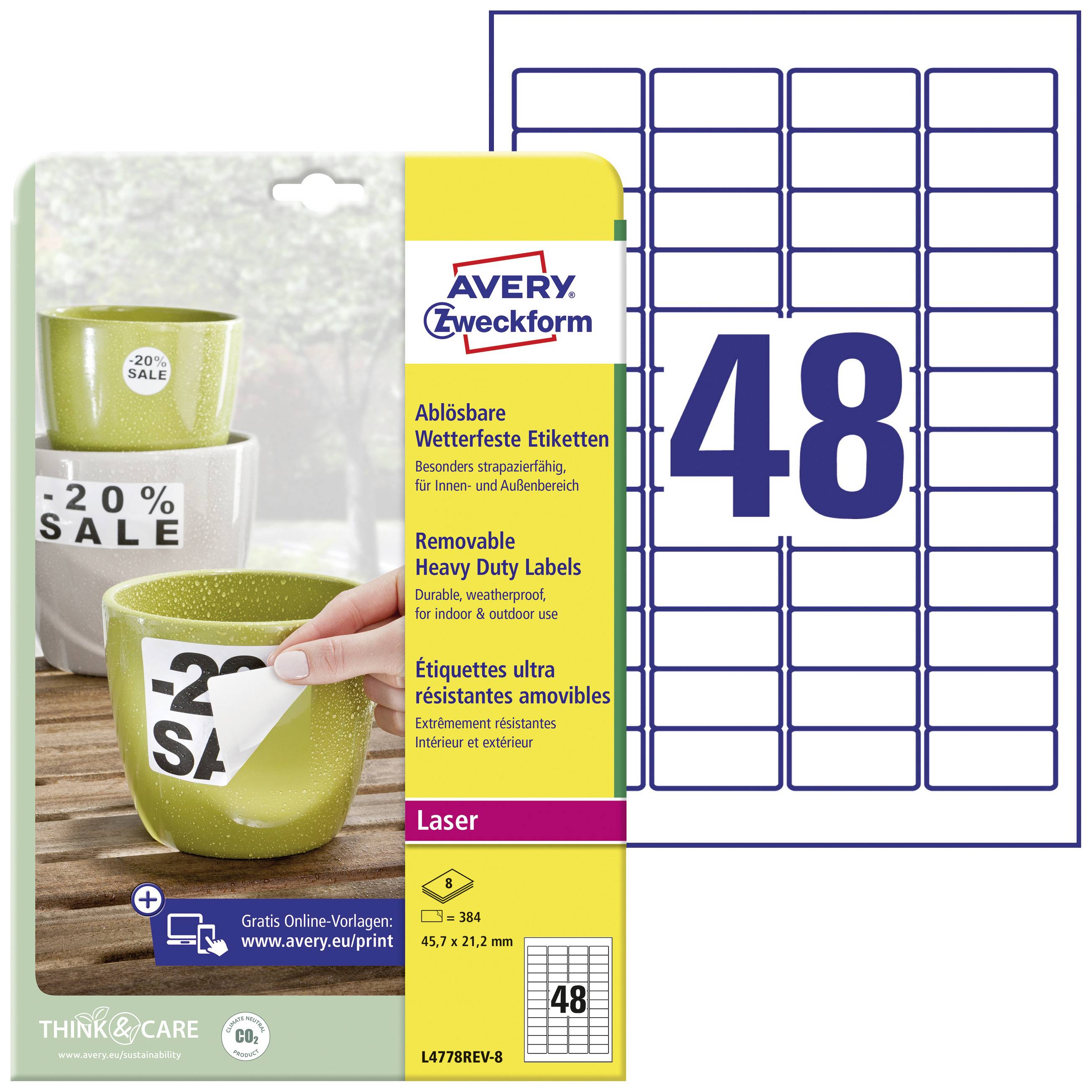 Avery-Zweckform L4778REV-8 Folien-Etiketten 45.7 x 21.2 mm Polyester-Folie Weiß 384 St. Wiederablösbar Farblaserdrucker, Laserdrucker, Farbkopierer, Kopierer, Handbeschriftung