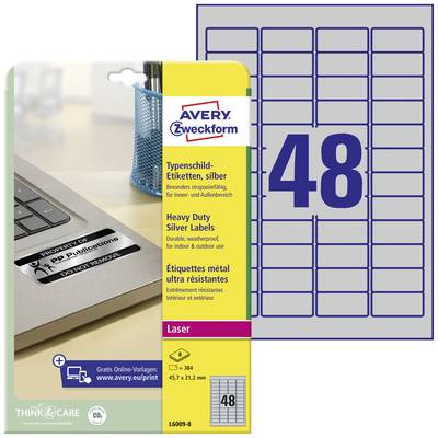 Etikettenverpackung 'Avery Zweckform' für Laserdrucker. Enthält 48 silberne, strapazierfähige Etiketten, geeignet für Innen- und Außenanwendungen.