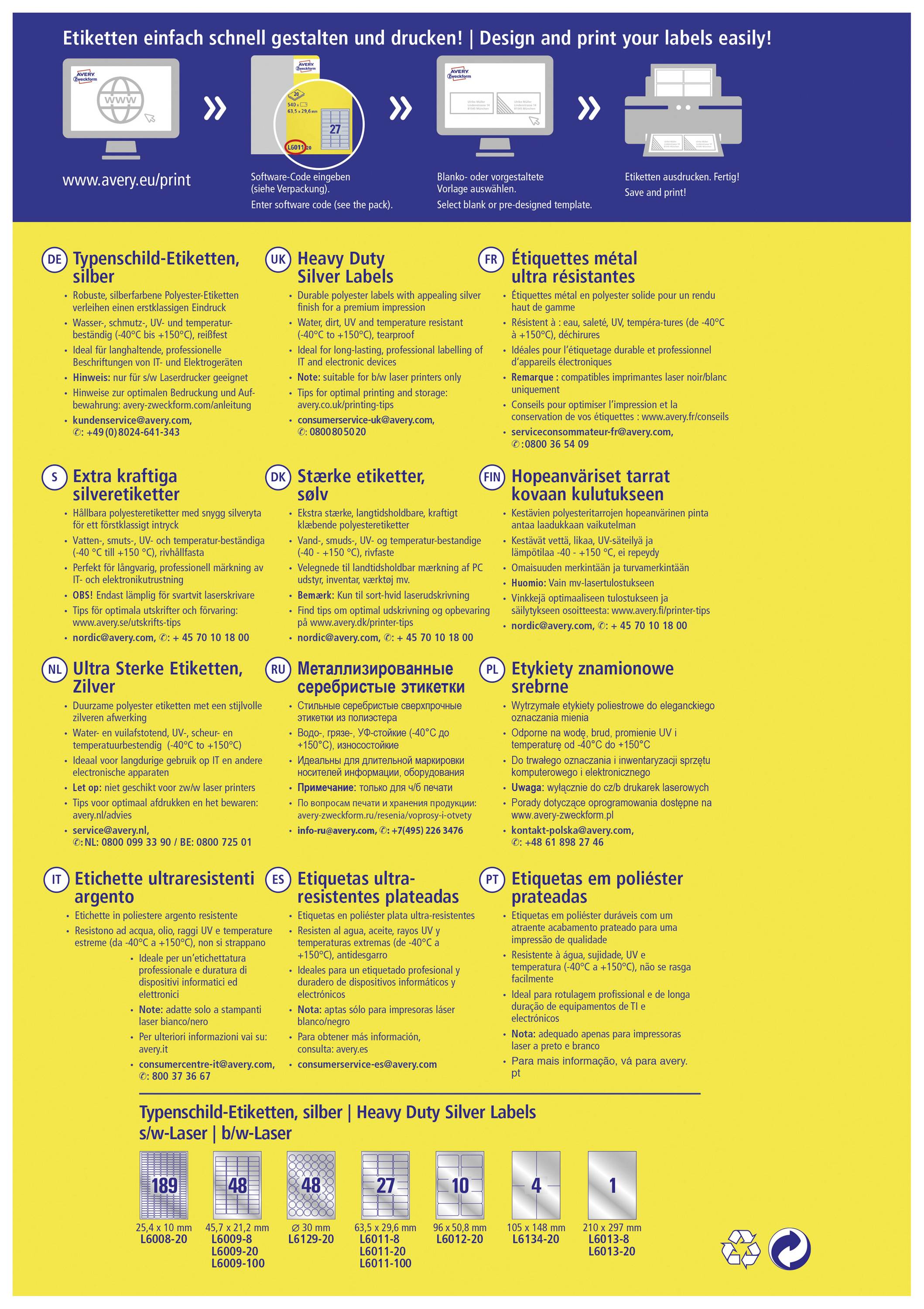 'Etiketten einfach schnell gestalten und drucken! Design and print your labels easily!' Übersicht zu Etikettenarten, Anwendungen und Eigenschaften.