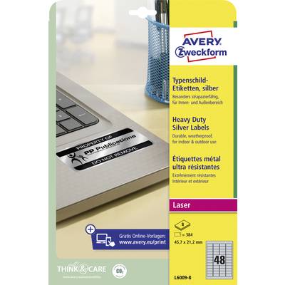 'AVERY Zweckform Typenschild-Etiketten, silber' auf Verpackung. Geeignet für innen und außen, 384 Etiketten, 45,7 x 21,2 mm, laserbedruckbar.