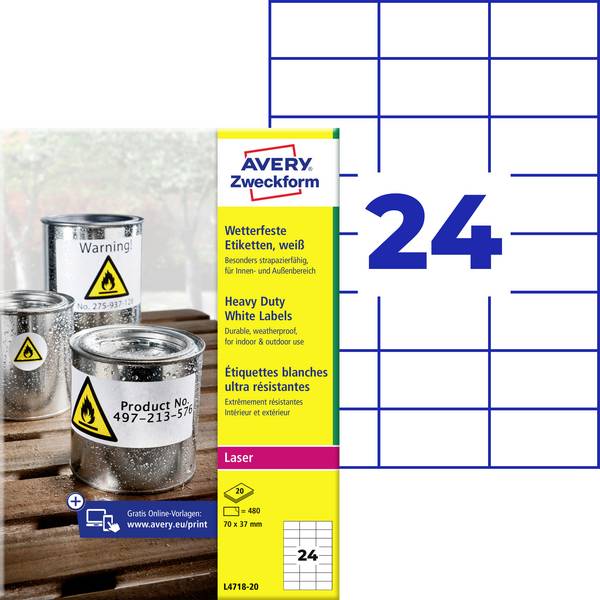 Avery-Zweckform L4718-20 Folien-Etiketten 70 x 37 mm Polyester-Folie Weiß 480 St. Permanent haftend Farblaserdrucker, Laserdrucker, Farbkopierer, Kopierer, Handbeschriftung