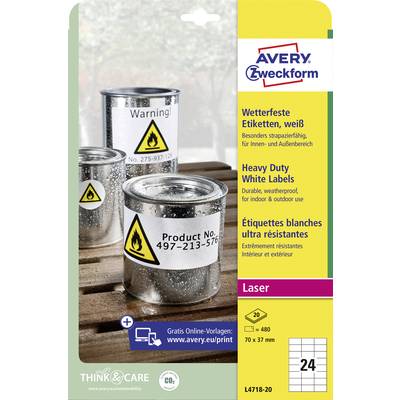 Drei Dosen mit Warnhinweisen und Gefahrstoffsymbolen. Text: 'Product No. 497-213-576'. Avery Zweckform Etiketten Verpackung.