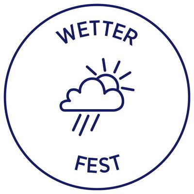 Kreisförmiges Wettersymbol mit Wolke, Sonne und Regen, beschriftet mit 'WETTER' und 'FEST'.