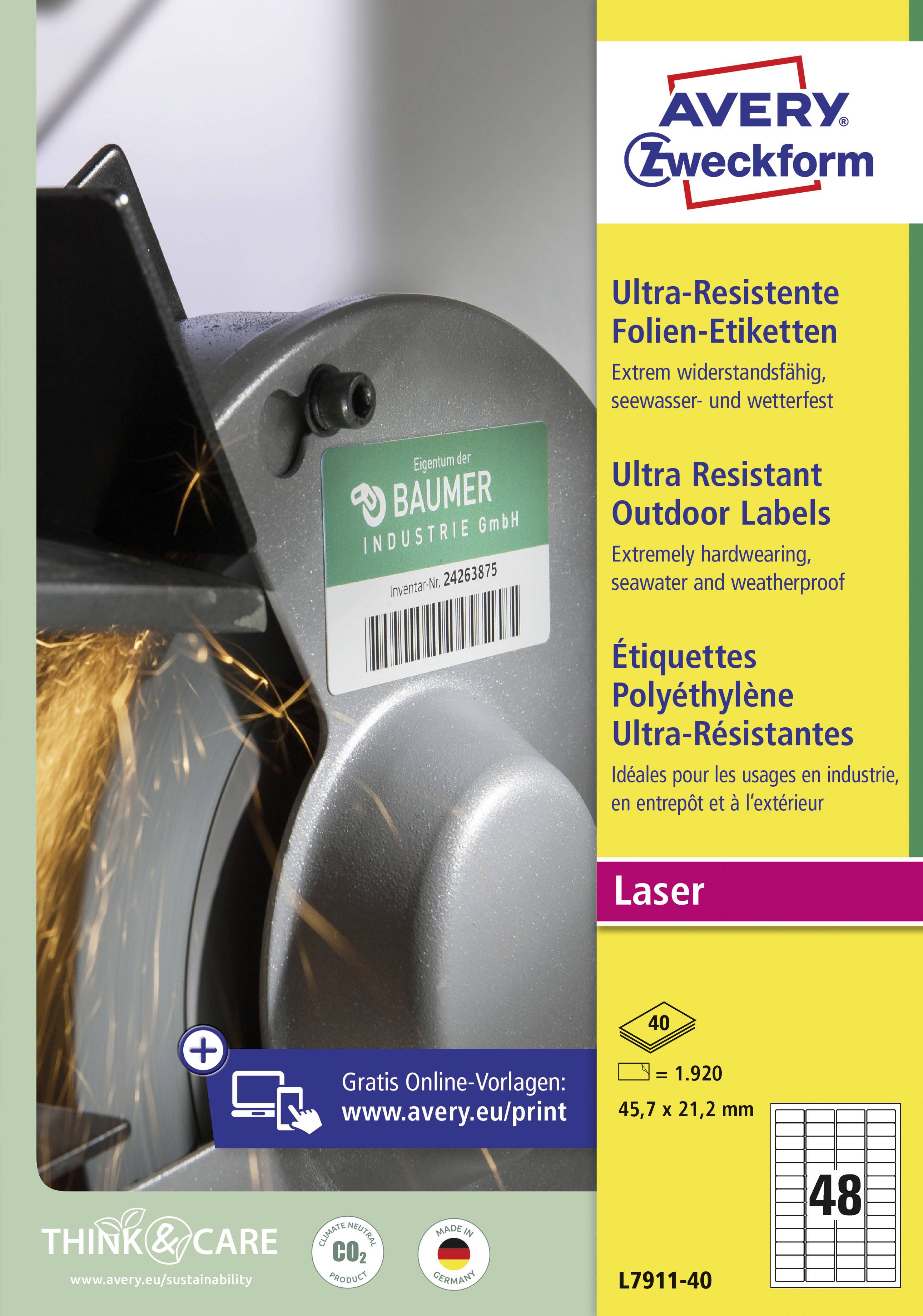 'Ultrarobuste Folien-Etiketten von Avery Zweckform. Ideal für Industriebedarf. Größe: 45 x 21,2 mm, 48 Etiketten pro Blatt.'