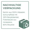 Nachhaltige Verpackung: Karton aus 100% Altpapier, Schrumpffolie mit 30% Rezyklatanteil, Folienbeutel aus mindestens 80% Rezyklat.